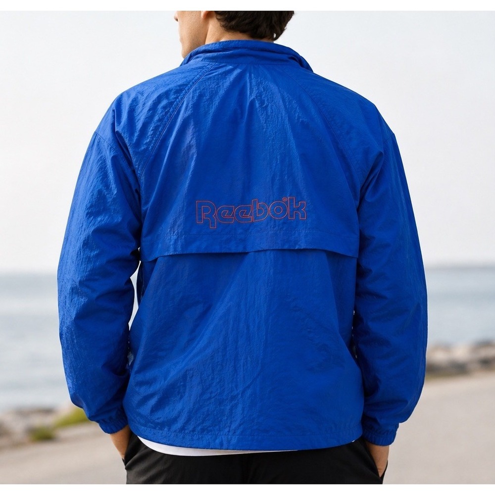 Vintage 90s Reebok Windbreaker Vented Jacket Mens L Blue Nylon Spellout Hood